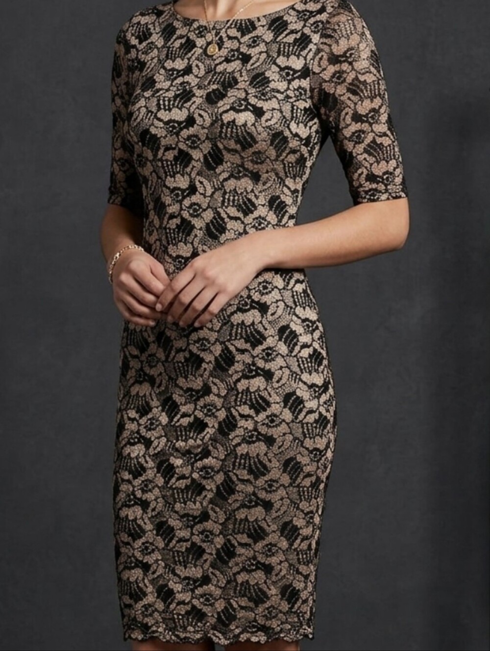 Black Lace Midi Dress with Nude Lining